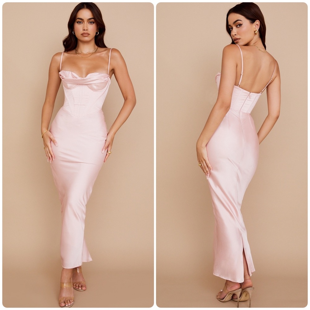 House of CB Charmaine Corset Blush Pink Maxi Sleeveless Dress Large Back Slit